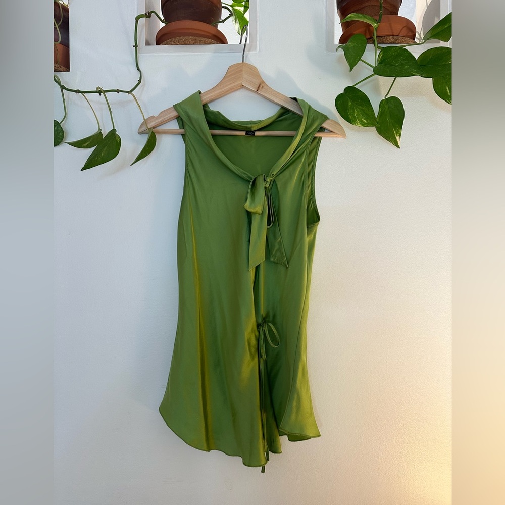 100% Silk Green Blouse with Bows